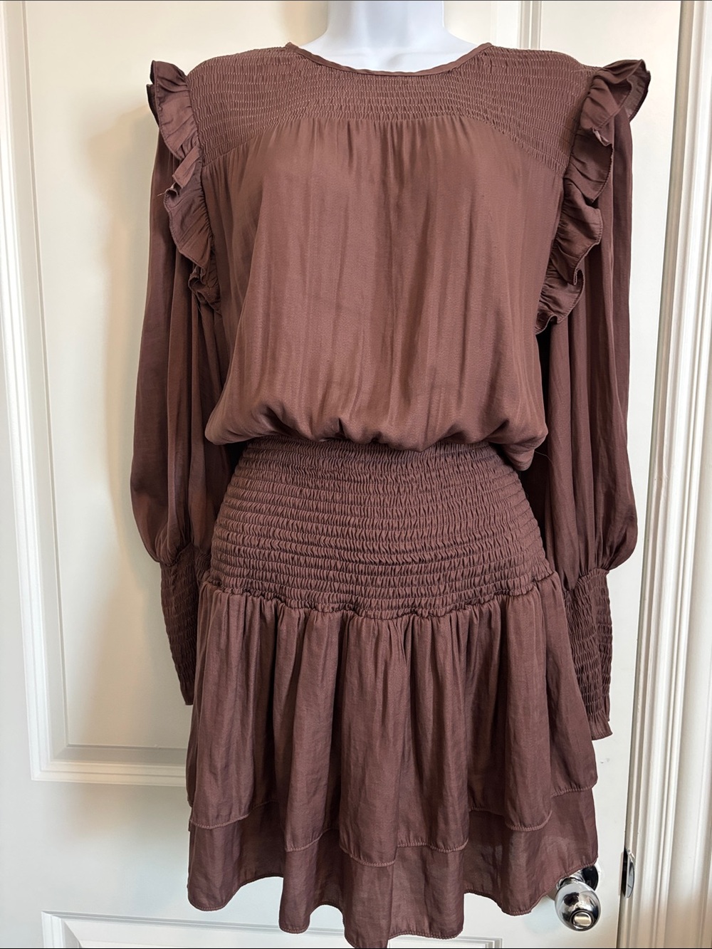 Mustard Seed Women’s Ruffle Sleeve Smocked Waist Dress - Brown S